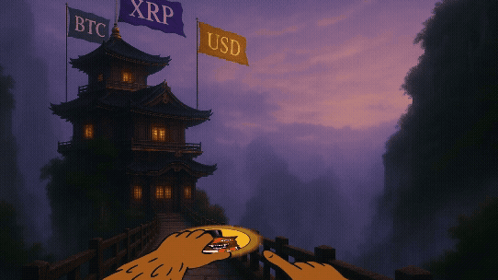 Cartoon Pagoda With BTC XRP And USD Flags GIF