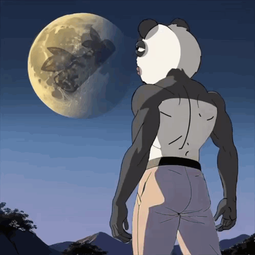 Cartoon Panda Bear Looking at Moon