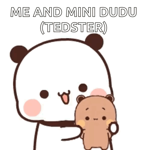 Cartoon Panda Holding Teddy Bear Saying Me And Mini Dudu GIF