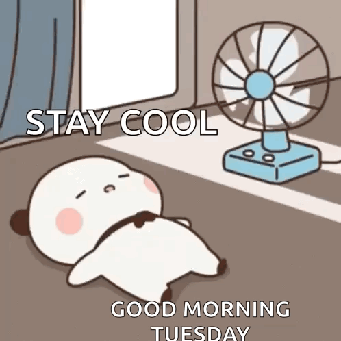 Cartoon Panda Laying by Fan Stay Cool Good Morning Tuesday