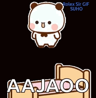 Cartoon Panda Sitting on Bed with Aajao