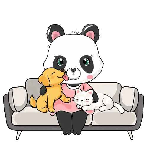Cartoon Panda Sitting With Dog and Cat