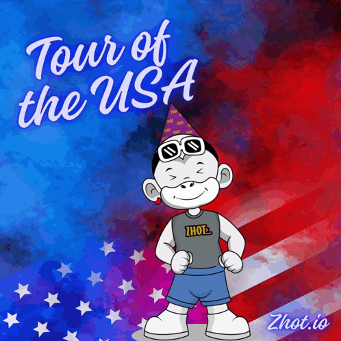Cartoon Party Hat Sunglasses Flag Tour of US