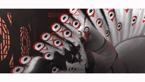 Cartoon Peacock With Red And White Feathers At Window GIF