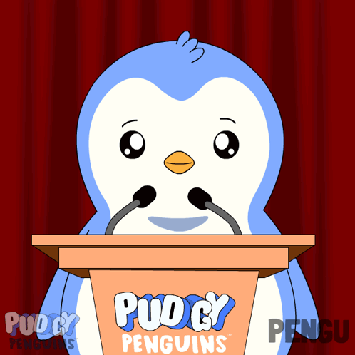 Cartoon Penguin at Podium With Pudgy Penguins