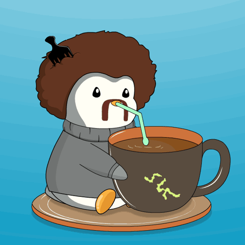 Cartoon Penguin Drinking Coffee