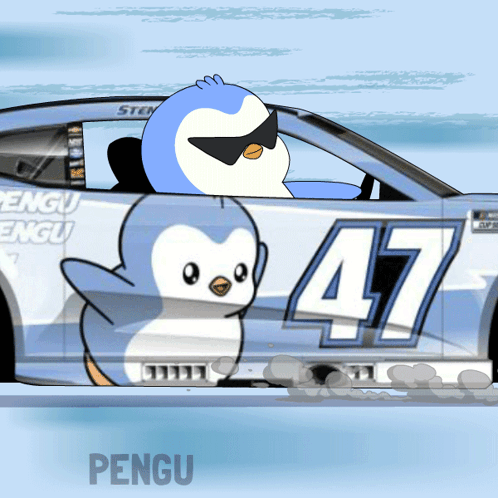 Cartoon Penguin Driving Car Number 47