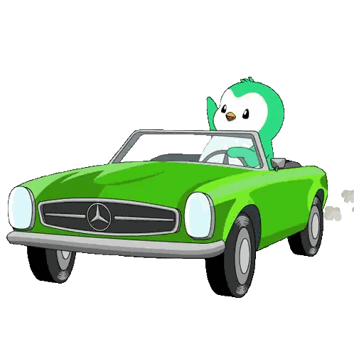 Cartoon Penguin Driving Green Mercedes