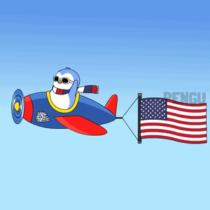 Cartoon Penguin Flying Blue Airplane With Flag