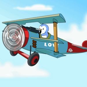 Cartoon Penguin Flying Blue and Red Airplane With Love