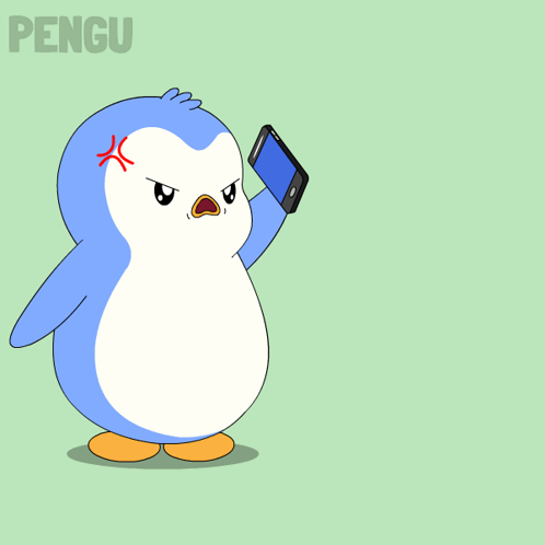 Cartoon Penguin Holding Cell Phone with Pengu