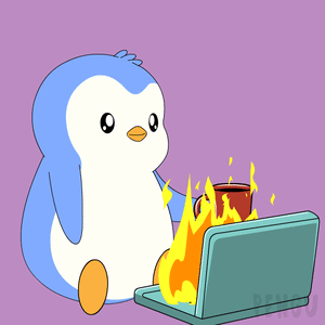 Cartoon Penguin Holding Coffee Next to Laptop