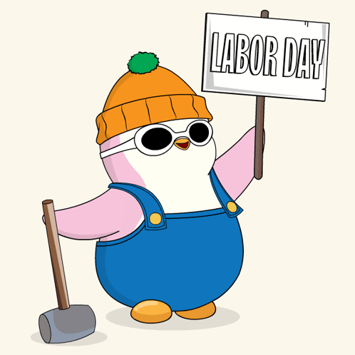 Cartoon Penguin Holding Labor Day Sign
