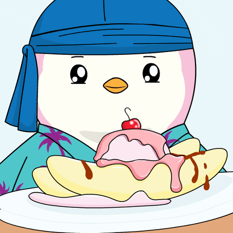 Cartoon Penguin Holding Plate of Food With Cherry