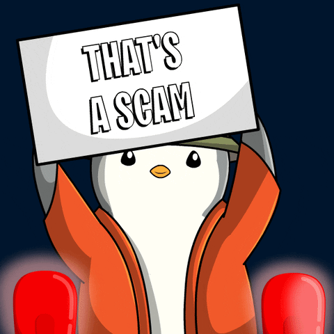 Cartoon Penguin Holding Sign That's A Scam GIF