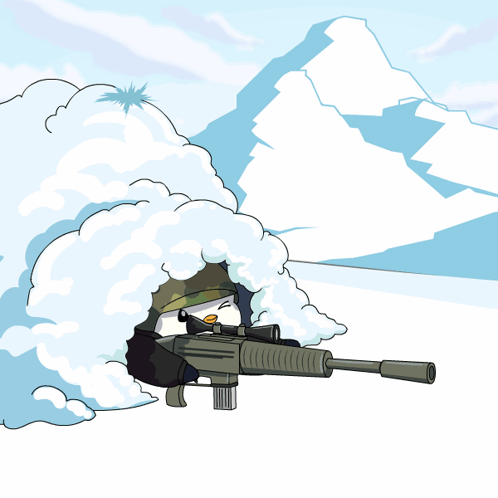 Cartoon Penguin Holding Sniper Rifle in Snow
