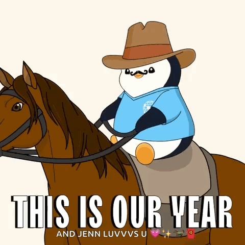 Cartoon Penguin In Cowboy Hat Riding Horse GIF