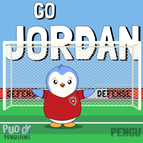 Cartoon Penguin in Front of Goal Saying Go Jordan