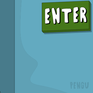 Cartoon Penguin in Front of Green Enter Sign