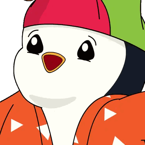 Cartoon Penguin in Green Hat and Orange Shirt