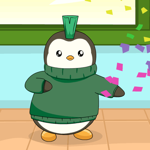 Cartoon Penguin In Green Sweater And Mohawk With Letter V GIF