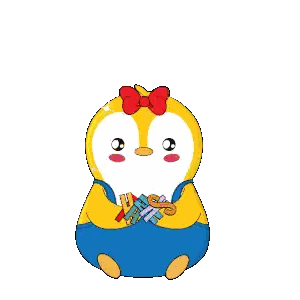 Cartoon Penguin in Overalls and Red Bow Thanks