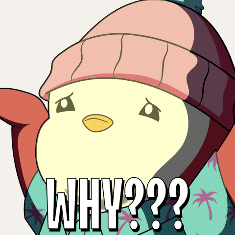 Cartoon Penguin in Pink Hat and Blue Scarf Saying Why