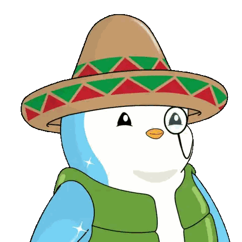Cartoon Penguin in Sombrero and Green Jacket