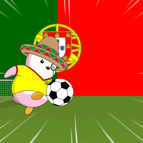 Cartoon Penguin in Sombrero Kicking Soccer Ball