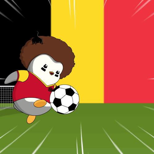 Cartoon Penguin Kicking Soccer Ball in Front of Belgian Flag