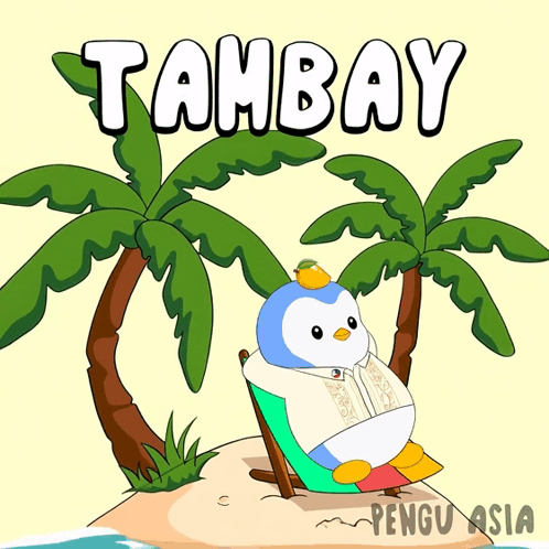 Cartoon Penguin Sitting in Chair Saying Tambay