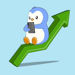 Cartoon Penguin Sitting on Green Arrow Holding Cell Phone