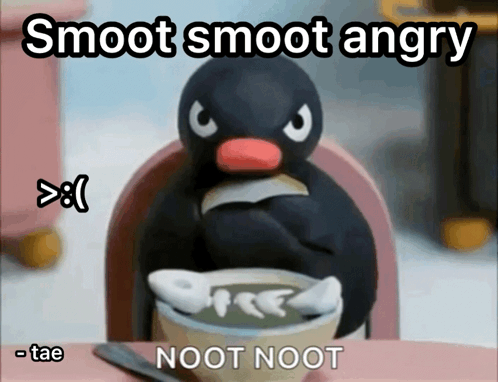 Cartoon Penguin Sitting with Coffee and Saying Smoot Smoot Angry
