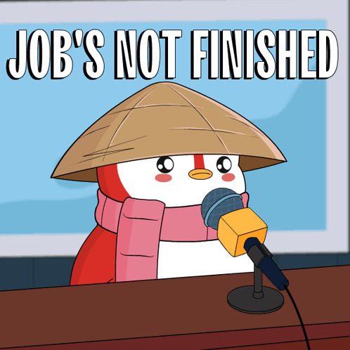 Cartoon Penguin Speaking Into Microphone Job's Not Finished