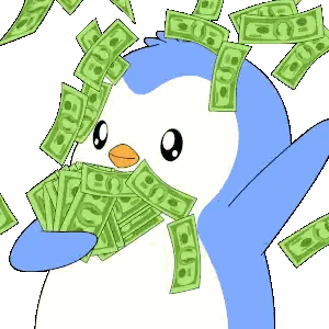 Cartoon Penguin Surrounded by Green Bills