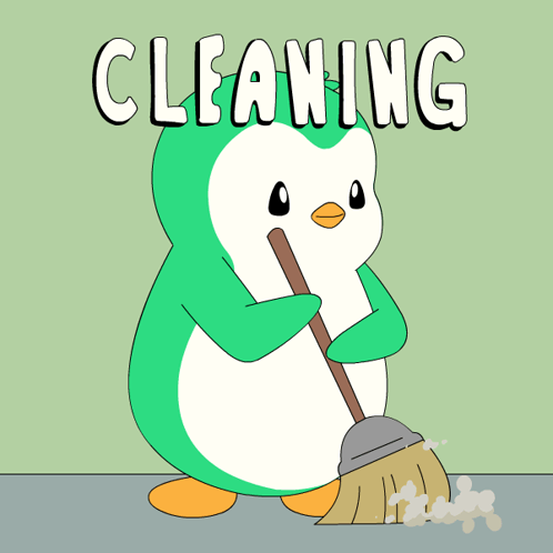 Cartoon Penguin Sweeping Floor Saying Cleaning