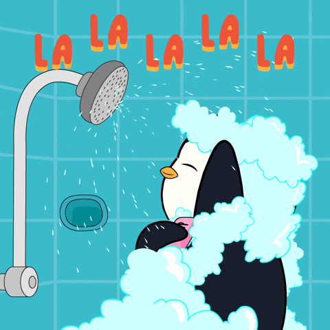 Cartoon Penguin Taking Shower Saying La La La La