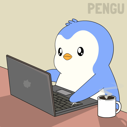 Cartoon Penguin Using Laptop