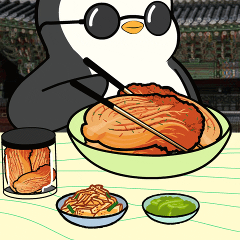 Cartoon Penguin Wearing Sunglasses Eating with Chopsticks