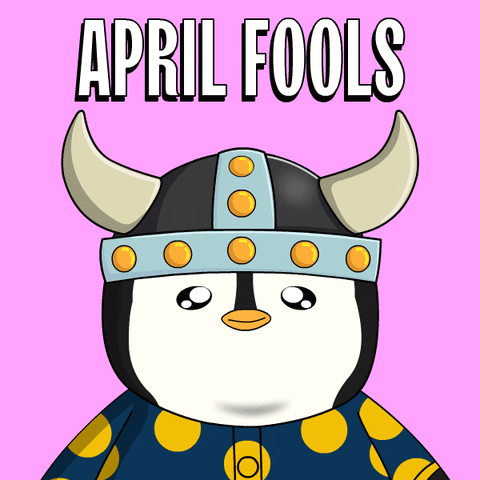 Cartoon Penguin Wearing Viking Helmet April Fools GIF