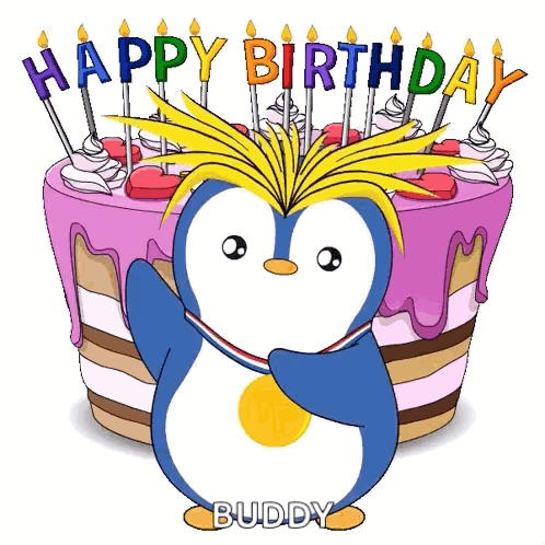 Cartoon Penguin With Birthday Cake Saying Happy Birthday Buddy GIF