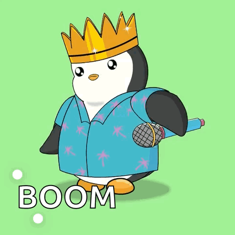 Cartoon Penguin With Crown Holding Microphone Boom