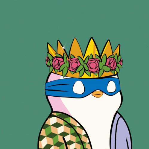 Cartoon Penguin With Crown Mask And Question Mark GIF