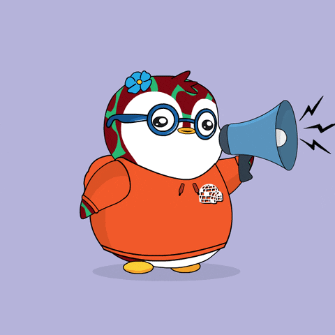 Cartoon Penguin With Glasses And Orange Hoodie Holding Megaphone GIF