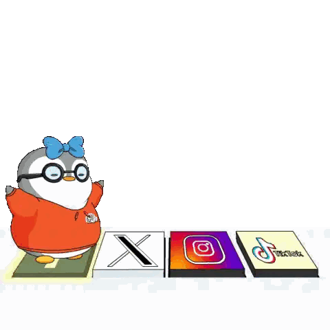 Cartoon Penguin with Glasses and Social Media Icons