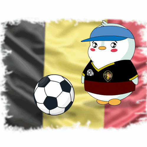 Cartoon Penguin With Soccer Ball in Front of Belgian Flag
