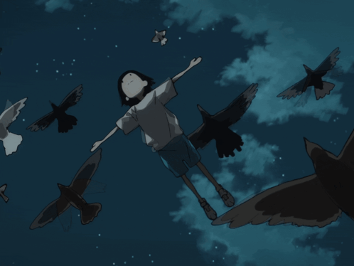 Cartoon Person Flying With Birds GIF