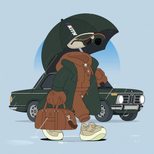 Cartoon Person Holding Umbrella and Kith Bag