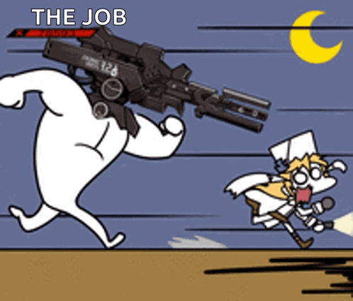 Cartoon Person Running With Gun Saying The Job GIF