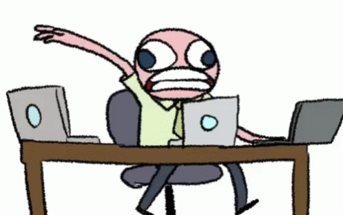 Cartoon Person Sitting at Desk With Two Laptops